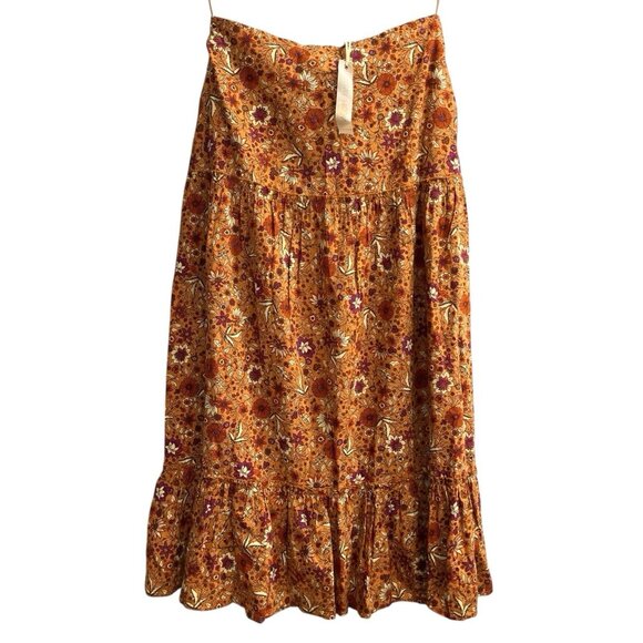 Luna Moon Skirt Womens M Orange Brown Tiered Floral Maxi Boho Hippie Peasant - Picture 1 of 9